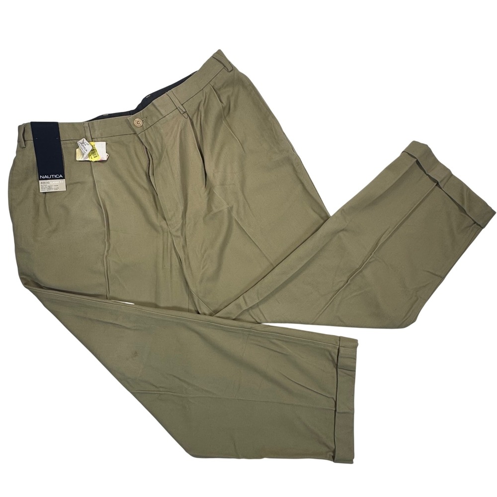 Nautica Mens 40x30 Classic Fit Khaki Pleated Cuffed Brushed Twill Pants Tan NEW